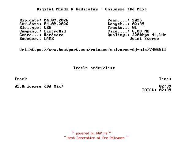 NFO for the release Digital_Mindz_And_Radicator_-_Universe_(DJ_Mix)-SINGLE-WEB-2026-FMC by FMC