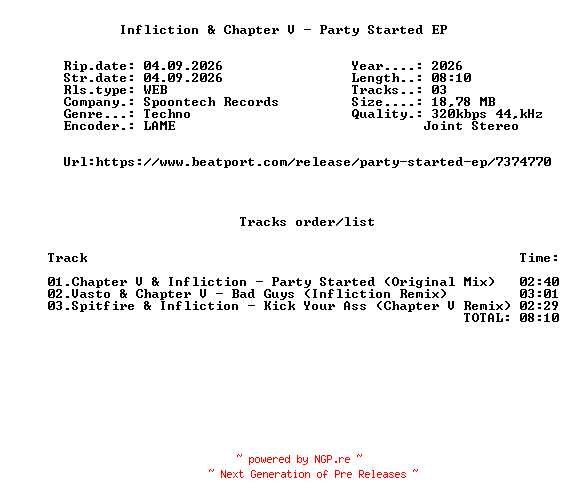 NFO for the release Infliction_And_Chapter_V_-_Party_Started_EP-(SPOON463)-WEB-2026-FMC by FMC