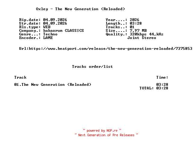 NFO for the release Oxley_-_The_New_Generation_(Reloaded)-(BABA031)-SINGLE-WEB-2026-FMC by FMC