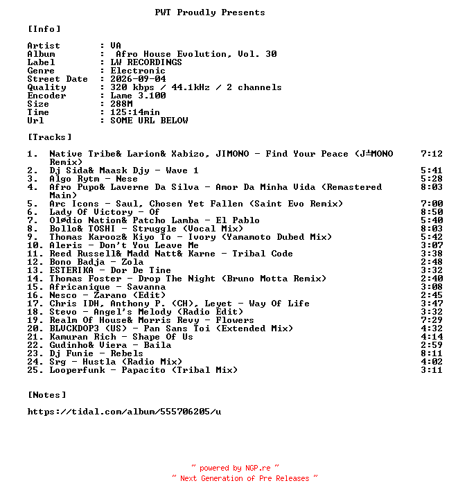 NFO for the release VA-Afro_House_Evolution_Vol._30-WEB-2026-PWT by PWT