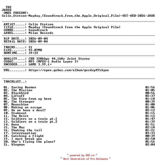 NFO for the release Colin_Stetson-Mayday_(Soundtrack_from_the_Apple_Original_Film)-OST-WEB-2026-JADED by JADED