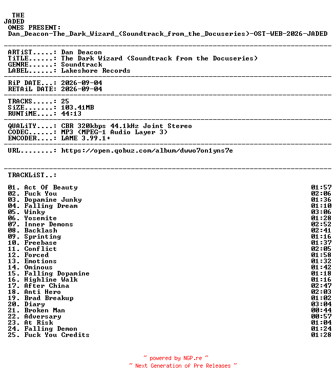 NFO for the release Dan_Deacon-The_Dark_Wizard_(Soundtrack_from_the_Docuseries)-OST-WEB-2026-JADED by JADED