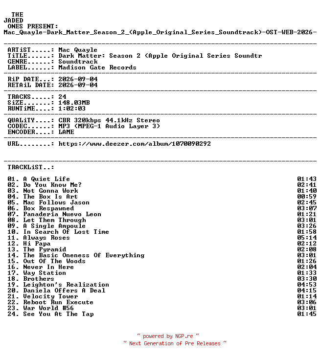 NFO for the release Mac_Quayle-Dark_Matter_Season_2_(Apple_Original_Series_Soundtrack)-OST-WEB-2026-JADED by JADED