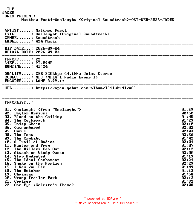 NFO for the release Matthew_Pusti-Onslaught_(Original_Soundtrack)-OST-WEB-2026-JADED by JADED