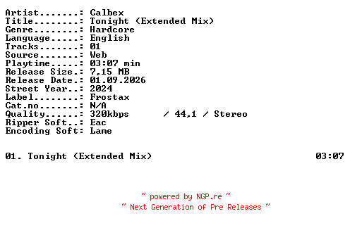 NFO for the release Calbex-Tonight_(Extended_Mix)-SINGLE-WEB-2024-XTC_iNT by XTC_iNT