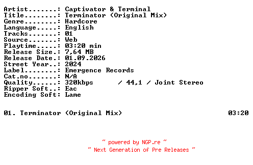 NFO for the release Captivator_and_Terminal-Terminator_(Original_Mix)-SINGLE-WEB-2024-XTC_iNT by XTC_iNT