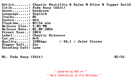 NFO for the release Chaotic_Hostility_and_Dylan_N_Alice_and_Topper_Guild-Fade_Away_(Edit)-SINGLE-WEB-2024-XTC_iNT by XTC_iNT