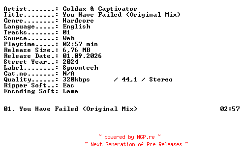 NFO for the release Coldax_and_Captivator-You_Have_Failed_(Original_Mix)-SINGLE-WEB-2024-XTC_iNT by XTC_iNT