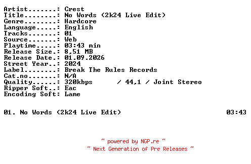 NFO for the release Crest-No_Words_(2k24_Live_Edit)-SINGLE-WEB-2024-XTC_iNT by XTC_iNT