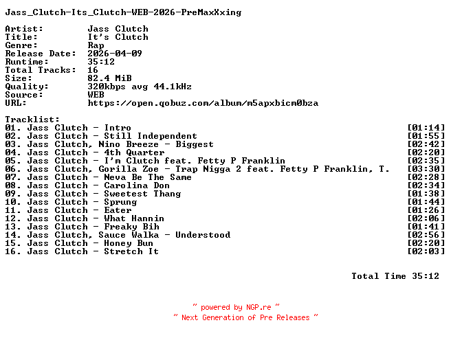 NFO for the release Jass_Clutch-Its_Clutch-WEB-2026-PreMaxXxing by PreMaxXxing