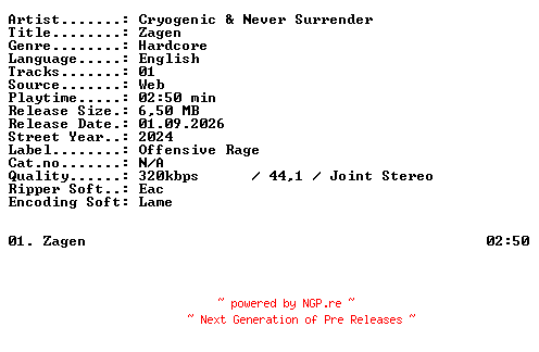NFO for the release Cryogenic_and_Never_Surrender-Zagen-SINGLE-WEB-2024-XTC_iNT by XTC_iNT