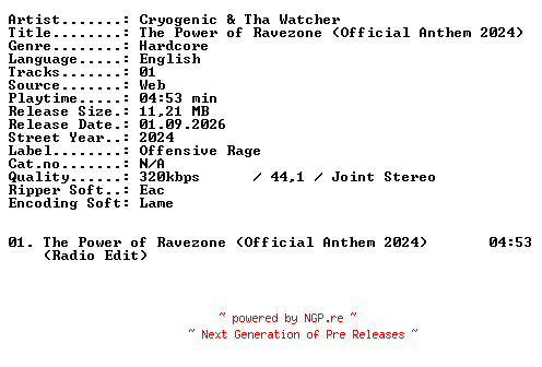 NFO for the release Cryogenic_and_Tha_Watcher-The_Power_of_Ravezone_(Official_Anthem_2024)-SINGLE-WEB-2024-XTC_iNT by XTC_iNT