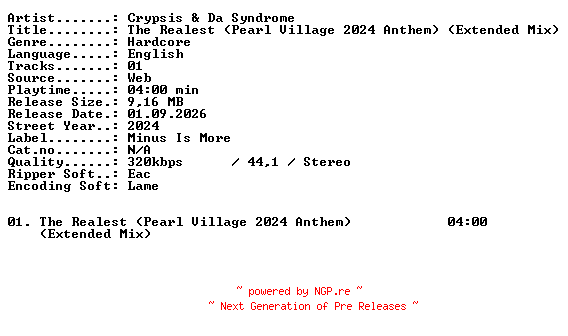 NFO for the release Crypsis_and_Da_Syndrome-The_Realest_(Pearl_Village_2024_Anthem)_(Extended_Mix)-SINGLE-WEB-2024-XTC_iNT by XTC_iNT