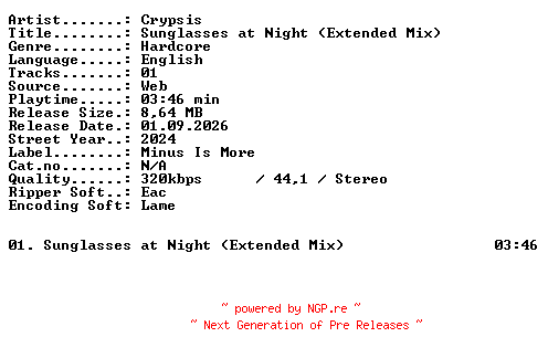 NFO for the release Crypsis-Sunglasses_at_Night_(Extended_Mix)-SINGLE-WEB-2024-XTC_iNT by XTC_iNT