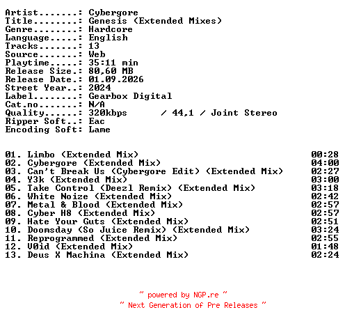 NFO for the release Cybergore-Genesis_(Extended_Mixes)-WEB-2024-XTC_iNT by XTC_iNT