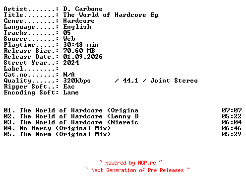 NFO for the release D_Carbone-The_World_of_Hardcore_EP-WEB-2024-XTC_iNT by XTC_iNT