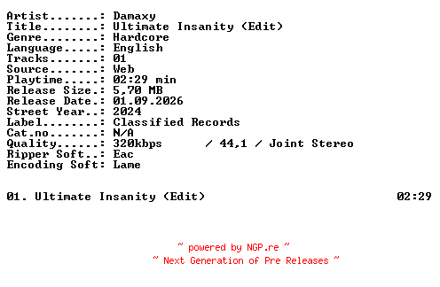 NFO for the release Damaxy-Ultimate_Insanity_(Edit)-SINGLE-WEB-2024-XTC_iNT by XTC_iNT