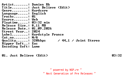 NFO for the release Damien_Rk-Just_Believe_(Edit)-SINGLE-WEB-2024-XTC_iNT by XTC_iNT