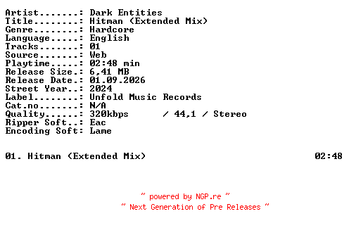 NFO for the release Dark_Entities-Hitman_(Extended_Mix)-SINGLE-WEB-2024-XTC_iNT by XTC_iNT