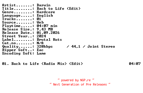 NFO for the release Darwin-Back_to_Life_(Edit)-SINGLE-WEB-2024-XTC_iNT by XTC_iNT