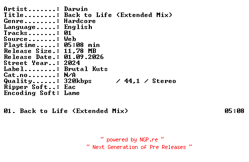 NFO for the release Darwin-Back_to_Life_(Extended_Mix)-SINGLE-WEB-2024-XTC_iNT by XTC_iNT