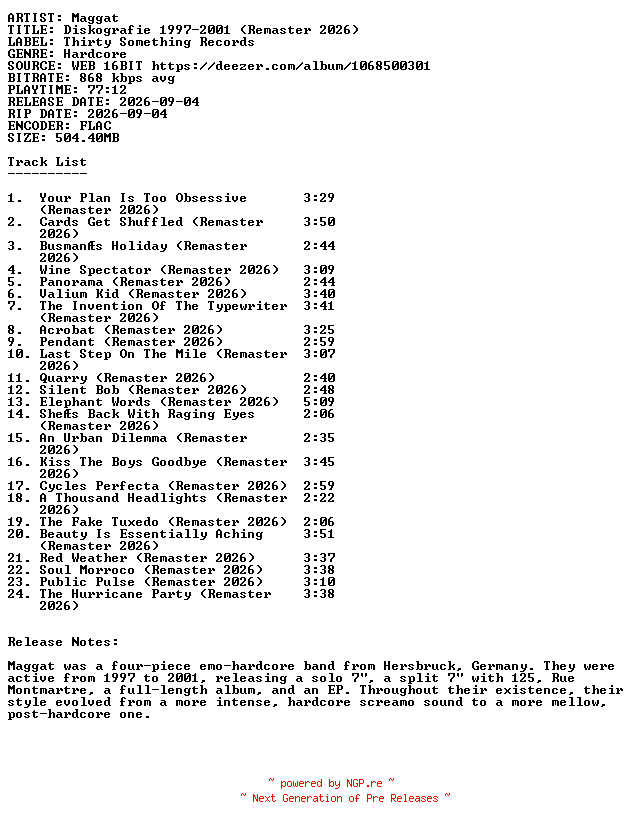 NFO for the release Maggat-Diskografie_1997-2001_(Remaster_2026)-16BIT-WEB-FLAC-2026-SDR by SDR