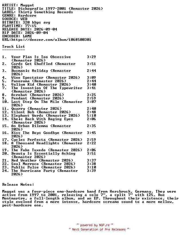 NFO for the release Maggat-Diskografie_1997-2001_(Remaster_2026)-WEB-2026-SDR by SDR