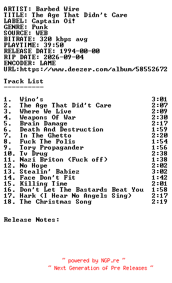 NFO for the release Barbed_Wire-The_Age_That_Didnt_Care-WEB-Reissue-1994-SDR by SDR