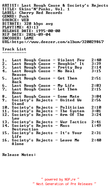 NFO for the release Last_Rough_Cause_and_Societys_Rejects-Skinsnpunks_Vol._1-WEB-1995-SDR by SDR