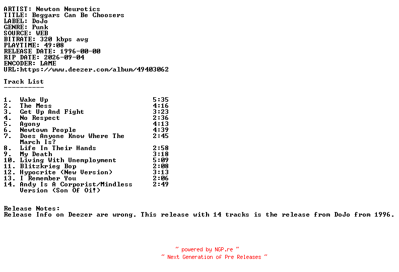 NFO for the release Newton_Neurotics-Beggars_Can_Be_Choosers-WEB-1996-SDR by SDR