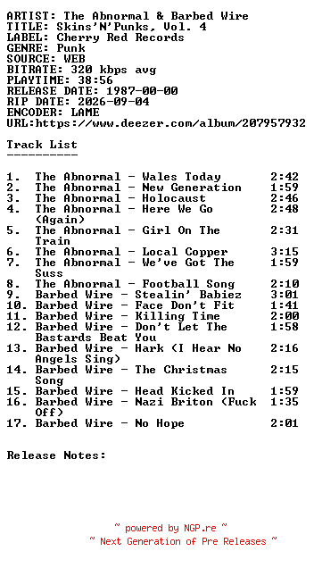 NFO for the release The_Abnormal_and_Barbed_Wire-Skinsnpunks_Vol._4-WEB-1987-SDR by SDR