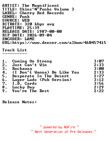 NFO for the release The_Magnificent-Skinsnpunks_Vol_3-WEB-1987-SDR by SDR