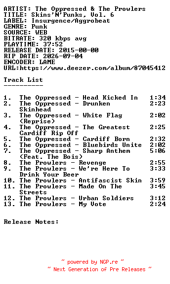 NFO for the release The_Oppressed_and_The_Prowlers-Skinsnpunks_Vol._6-WEB-2015-SDR by SDR