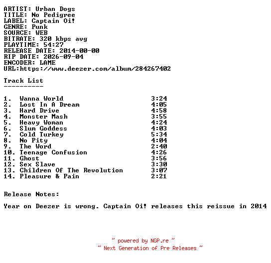NFO for the release Urban_Dogs-No_Pedigree-WEB-Reissue-2014-SDR by SDR