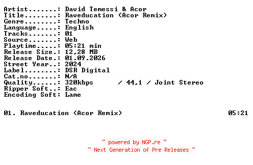 NFO for the release David_Temessi_and_Acor-Raveducation_(Acor_Remix)-SINGLE-WEB-2024-XTC_iNT by XTC_iNT