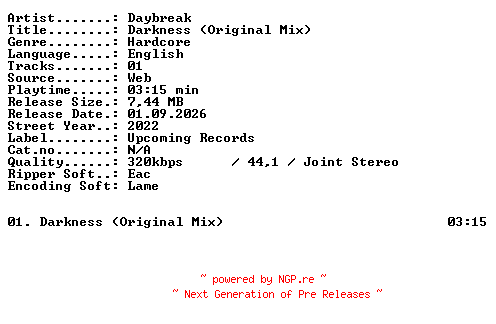 NFO for the release Daybreak-Darkness_(Original_Mix)-SINGLE-WEB-2022-XTC_iNT by XTC_iNT