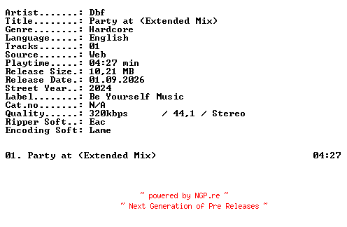 NFO for the release Dbf-Party_at_(Extended_Mix)-SINGLE-WEB-2024-XTC_iNT by XTC_iNT