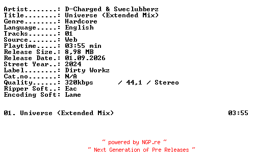 NFO for the release D-Charged_and_Sweclubberz-Universe_(Extended_Mix)-SINGLE-WEB-2024-XTC_iNT by XTC_iNT