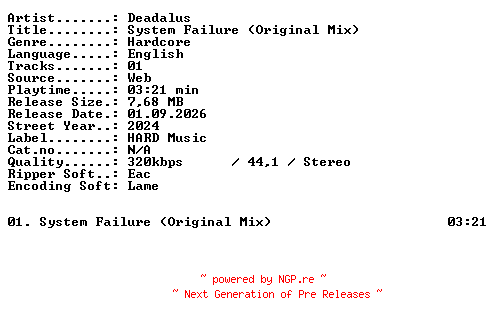 NFO for the release Deadalus-System_Failure_(Original_Mix)-SINGLE-WEB-2024-XTC_iNT by XTC_iNT