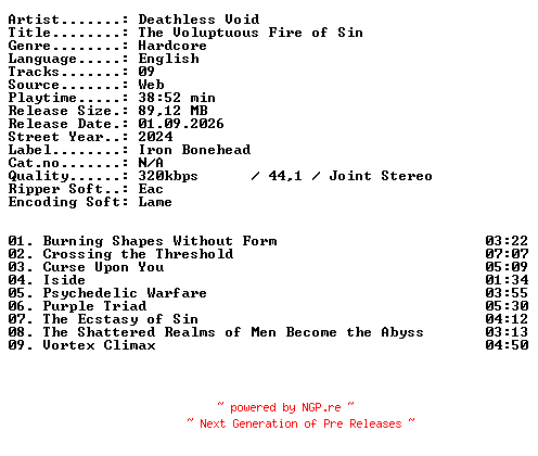 NFO for the release Deathless_Void-The_Voluptuous_Fire_of_Sin-WEB-2024-XTC_iNT by XTC_iNT