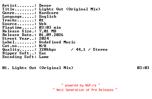 NFO for the release Devor-Lights_Out_(Original_Mix)-SINGLE-WEB-2024-XTC_iNT by XTC_iNT