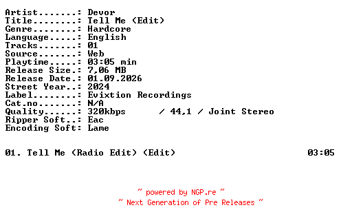 NFO for the release Devor-Tell_Me_(Edit)-SINGLE-WEB-2024-XTC_iNT by XTC_iNT