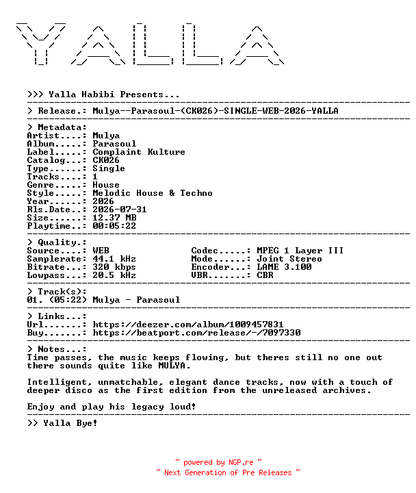 NFO for the release Mulya--Parasoul-(CK026)-SINGLE-WEB-2026-YALLA by YALLA