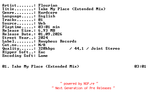 NFO for the release Flourian-Take_My_Place_(Extended_Mix)-SINGLE-WEB-2024-XTC_iNT by XTC_iNT