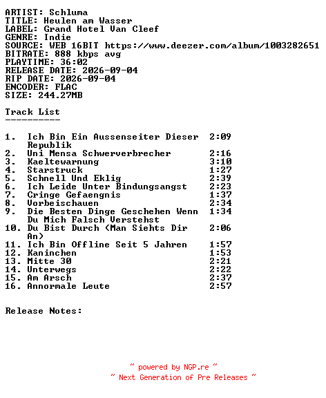 NFO for the release Schluma-Heulen_Am_Wasser-DE-16BIT-WEB-FLAC-2026-SDR by SDR