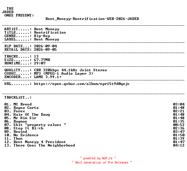 NFO for the release Rent_Moneyy-Rentrification-WEB-2026-JADED by JADED