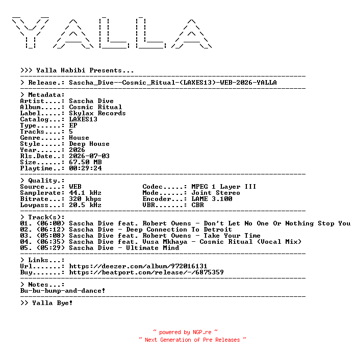 NFO for the release Sascha_Dive--Cosmic_Ritual-(LAXES13)-WEB-2026-YALLA by YALLA