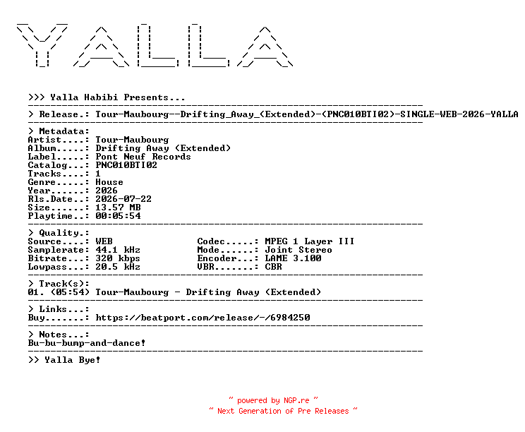 NFO for the release Tour-Maubourg--Drifting_Away_(Extended)-(PNC010BTI02)-SINGLE-WEB-2026-YALLA by YALLA