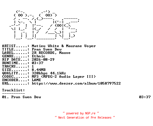 NFO for the release Matieu_White_and_Maurane_Voyer_-Pran_Swen_Dew-SINGLE-WEB-FR-2026-AZF by AZF