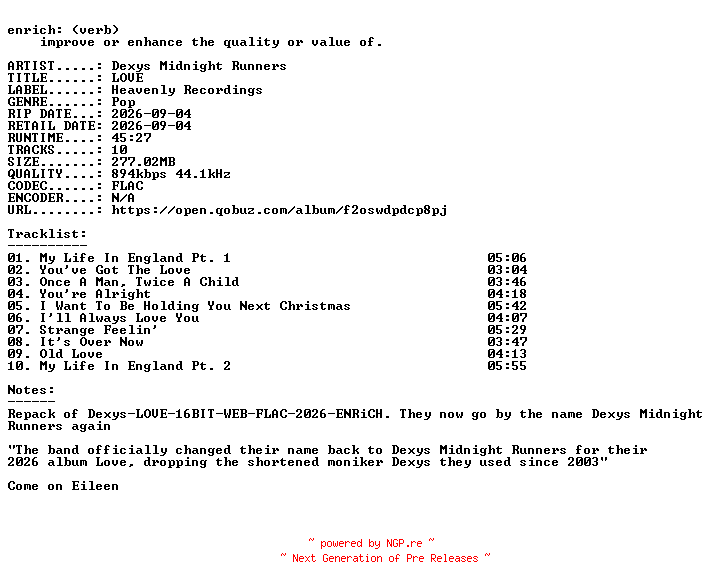 NFO for the release Dexys_Midnight_Runners-LOVE-REPACK-16BIT-WEB-FLAC-2026-ENRiCH by ENRiCH